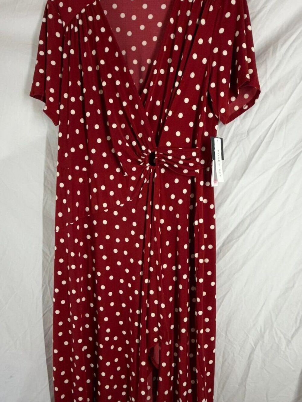 Robbie Bee Women's NWT 2X Red Polka Dot Faux Wrap Dress Side Ring Detail